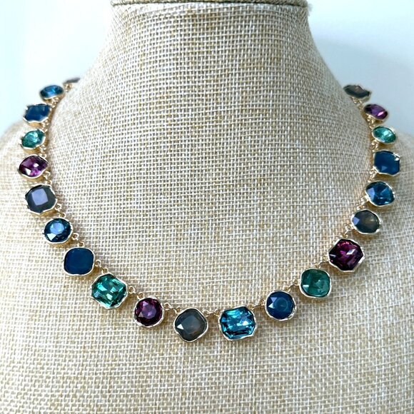Gold-Tone Necklace With Multi-Colored Glass Gemstones Square & Round Shapes Adju - Picture 1 of 9
